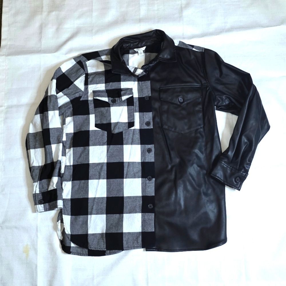 Cato Black And White Plaid Faux Leather Button Up Shirt Size Small